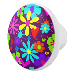 Bouton De Porte En Céramique Motif d'alimentation coloré rétro Hippie