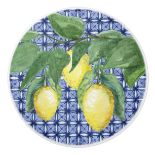 Bouton De Porte En Céramique Motif d'aquarelle de citron bleu marine