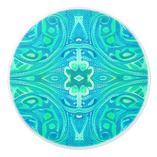 Bouton De Porte En Céramique Motif de Bohème Arabesque Aquamarine