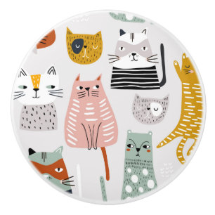 Bouton De Porte En Céramique Motif de chat à main mignon Doodle