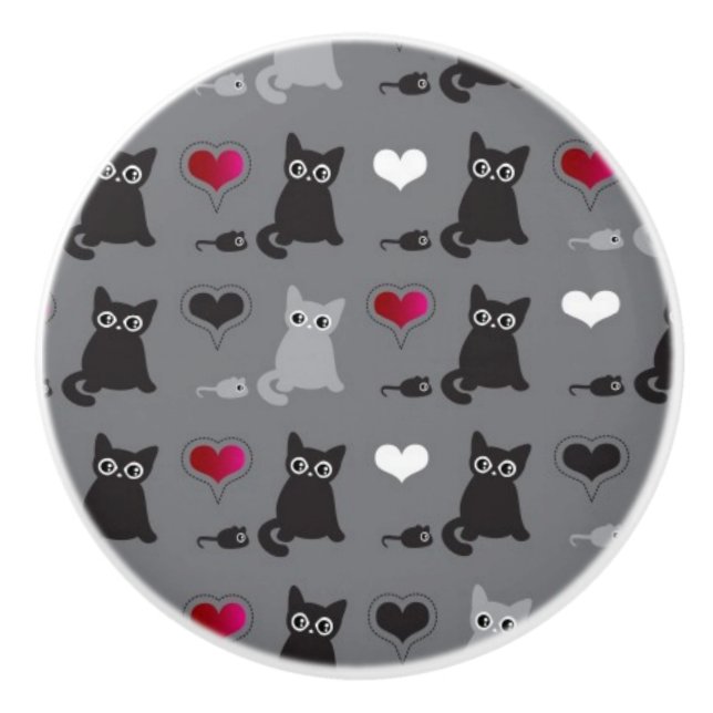 Bouton De Porte En Céramique motif de chaton et de souris (Devant)