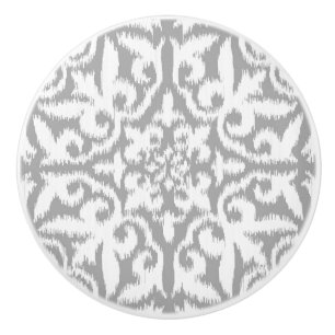 Bouton De Porte En Céramique Motif de damassé d'Ikat - gris argenté et blanc