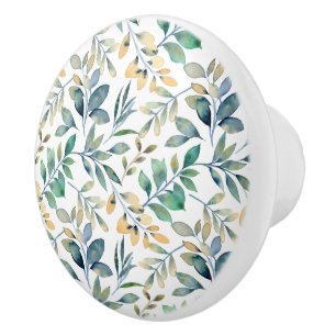 Bouton De Porte En Céramique Motif de feuille verte et jaune à l'aquarelle fraî
