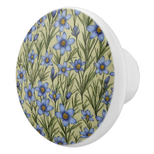 Bouton De Porte En Céramique Motif de fleur en laiton bleu