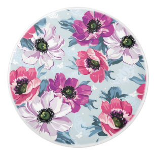 Bouton De Porte En Céramique Motif de fleurs de couleur d'élégance sur le bleu