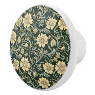 Bouton De Porte En Céramique Motif de fleurs jaunes stylisées vert foncé 
