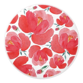 Bouton De Porte En Céramique Motif de fleurs rouges Knox & Pulls