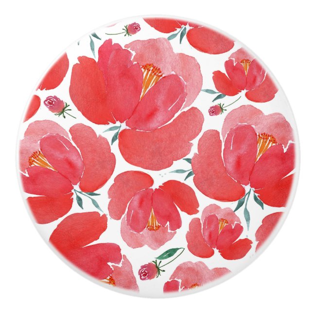 Bouton De Porte En Céramique Motif de fleurs rouges Knox & Pulls (Devant)