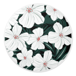 Bouton De Porte En Céramique Motif de fleurs tropical blanc