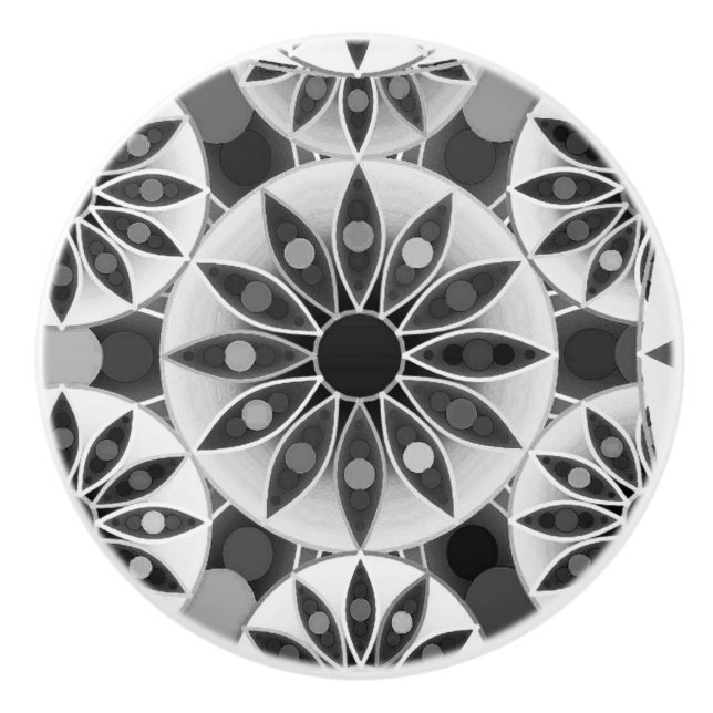 Bouton De Porte En Céramique Motif de mandala, noir, blanc et gris/gris (Devant)