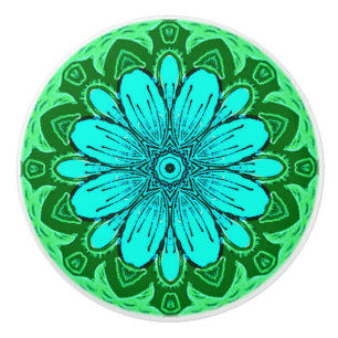 Bouton De Porte En Céramique Motif de marguerite géométrique en Turquoise et Ve