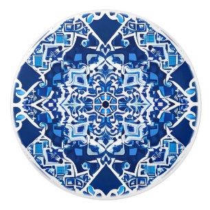 Bouton De Porte En Céramique Motif de mosaïque en Indigo et Cobalt Blue