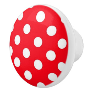 Bouton De Porte En Céramique Motif de point rouge et blanc de polka