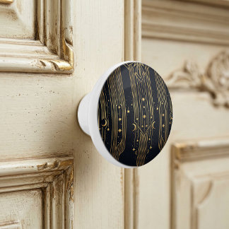 Bouton De Porte En Céramique Motif Décoratif Art Déco Céleste Étoiles Lunes Dor