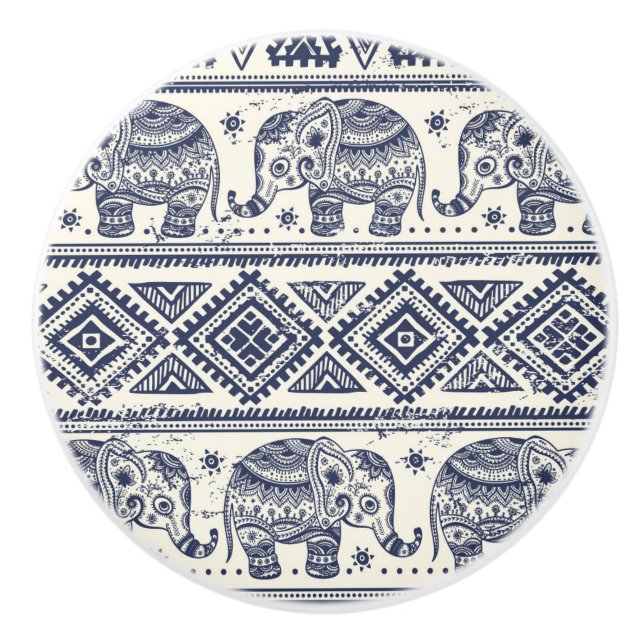 Bouton De Porte En Céramique Motif d'éléphant ethnique bleu (Devant)