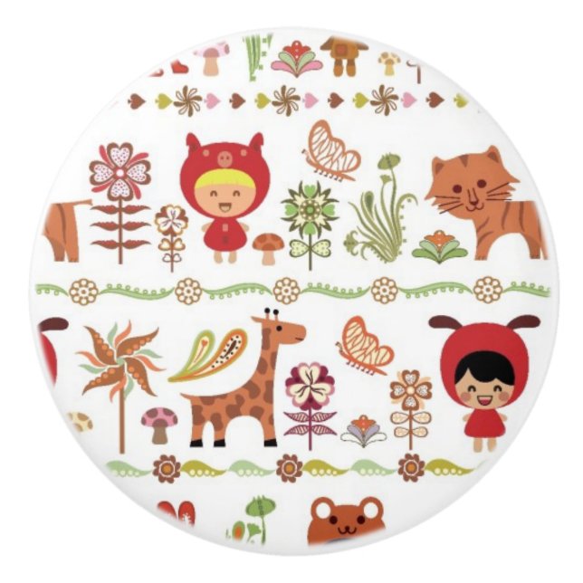 Bouton De Porte En Céramique Motif d'enfant et d'animaux (Devant)
