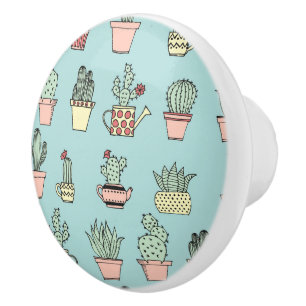 Bouton De Porte En Céramique Motif dessiné mignon coloré de style de cactus à