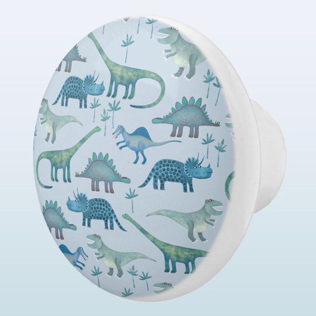 Bouton De Porte En Céramique Motif Dinosaur amusant Bleu (Fun dinosaur pattern ceramic pull or knob)