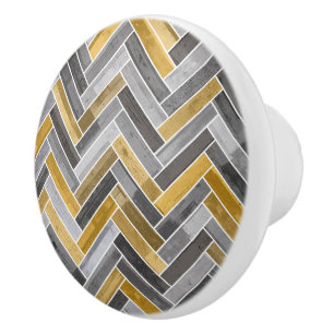 Bouton De Porte En Céramique Motif d'os de hareng en gris et jaune