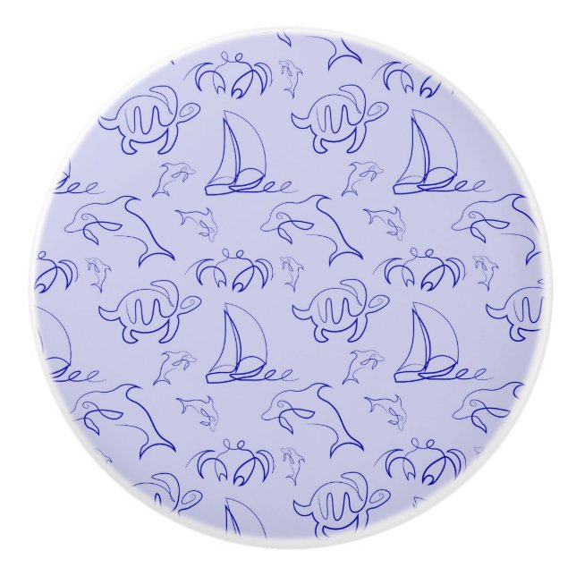 Bouton De Porte En Céramique Motif d'une ligne d'animal marin et voilier  (Devant)