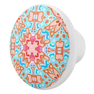 Bouton De Porte En Céramique Motif en mosaïque rose orange turquoise rétro chic