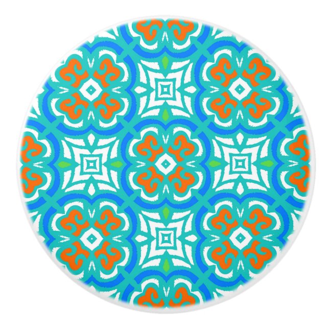 Bouton De Porte En Céramique Motif ethnique turquoise (Devant)