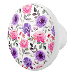 Bouton De Porte En Céramique Motif floral aquarelle vibrant en rose et violet