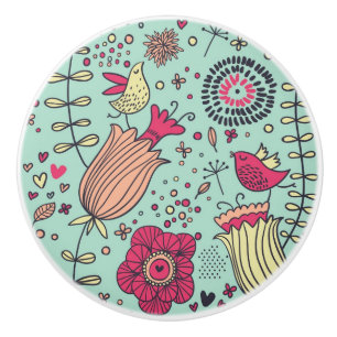 Bouton De Porte En Céramique Motif floral de bande dessinée avec des oiseaux