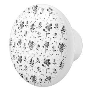 Bouton De Porte En Céramique Motif Floral Fleurs Noires Et Blanches