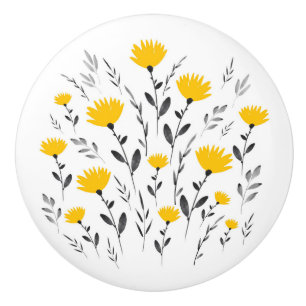 Bouton De Porte En Céramique Motif floral gris-jaune moderne