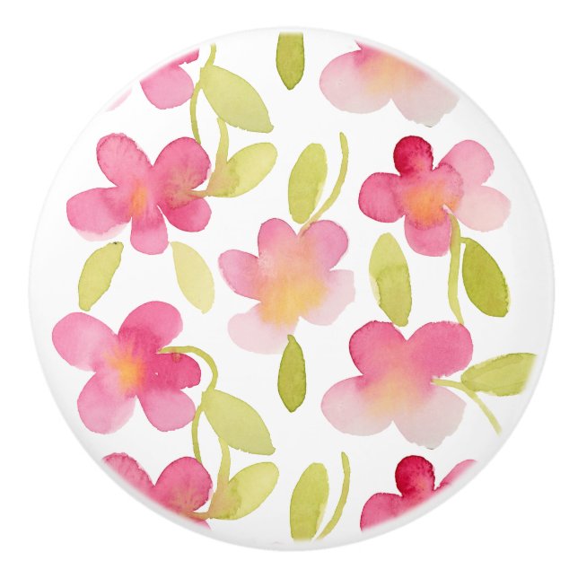 Bouton De Porte En Céramique Motif floral rose d'aquarelle (Devant)