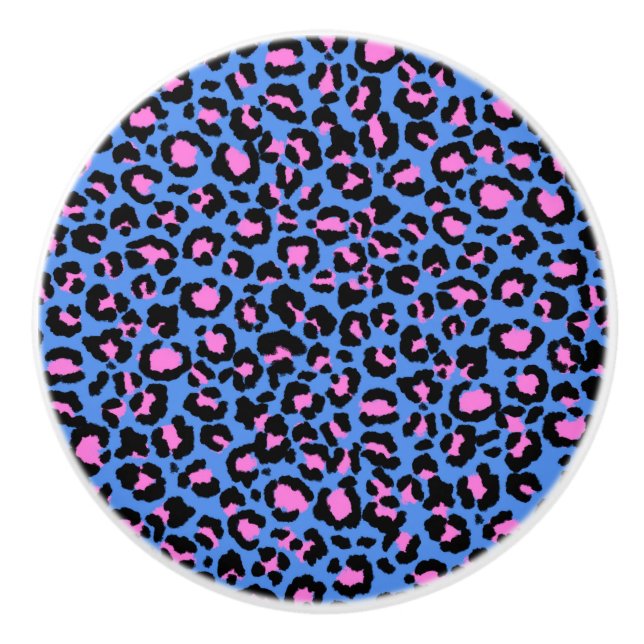 Bouton De Porte En Céramique Motif léopard en framboise sur bleu électrique (Devant)