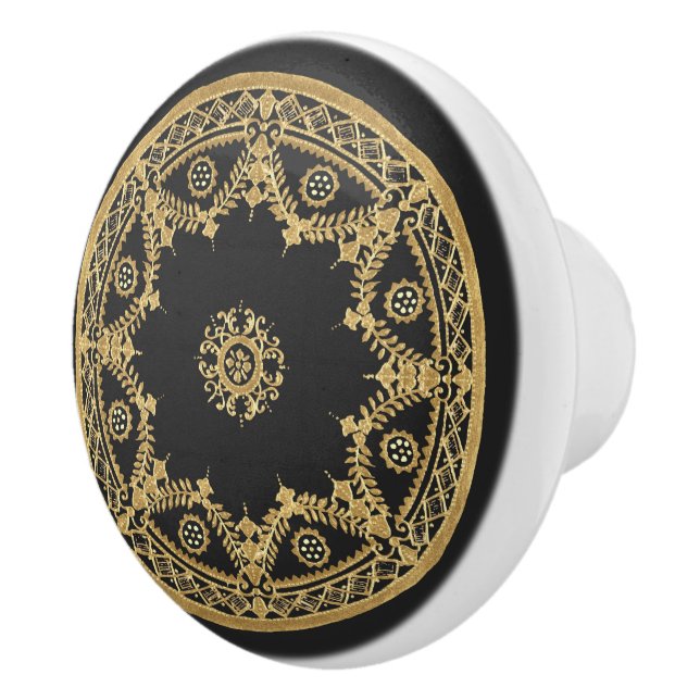 Bouton De Porte En Céramique Motif mandala noir et or élégant (Droite)
