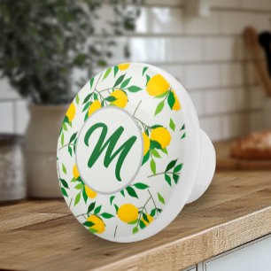 Bouton De Porte En Céramique Motif Monogramme Citrons et Feuilles 