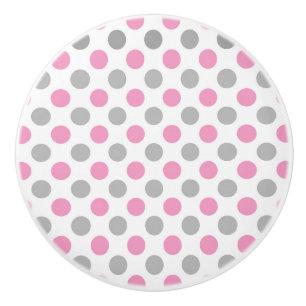 Bouton De Porte En Céramique Motif pois rose et gris