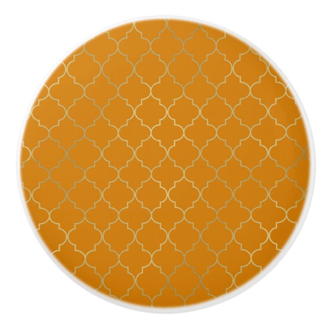 Bouton De Porte En Céramique Motif Quatrefoil Jaune Curcuma et Or (Devant)