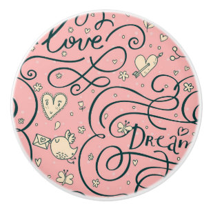 Bouton De Porte En Céramique Motif romantique avec des coeurs et des oiseaux