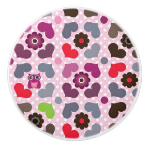 Bouton De Porte En Céramique motif rose de fleurs et de hiboux