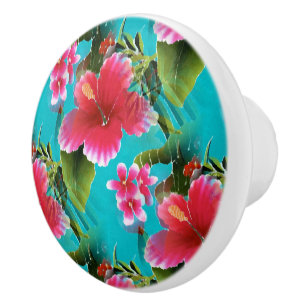 Bouton De Porte En Céramique Motif rose Turquoise Hawaiian Hibiscus Fleurs