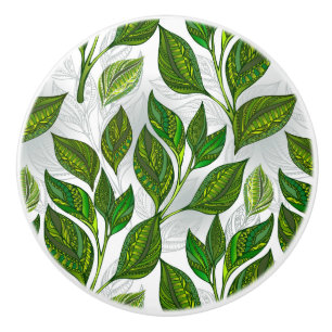 Bouton De Porte En Céramique Motif sans couture avec Feuilles de thé vert