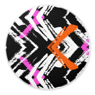 Bouton De Porte En Céramique Motif tiré par la main noir, orange, et rose de