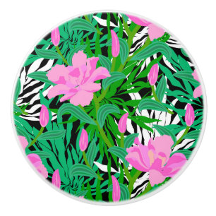 Bouton De Porte En Céramique Motif tropical avec des fleurs de jungle