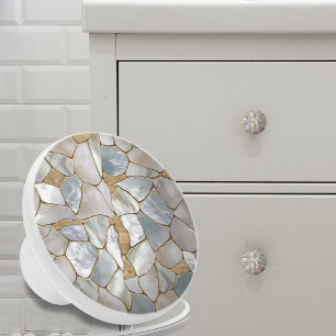 Bouton De Porte En Céramique Nacre et cellules dorées abstraites