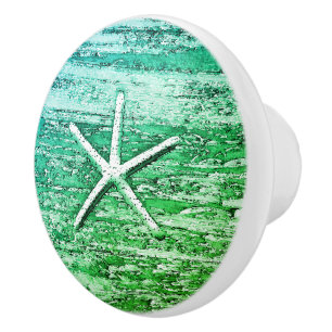 Bouton De Porte En Céramique Nautique Starfish Patiné Bois Bleu Vert