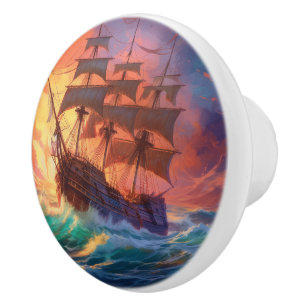 Bouton De Porte En Céramique Navire À Voile Sur Une Mer Tempérée