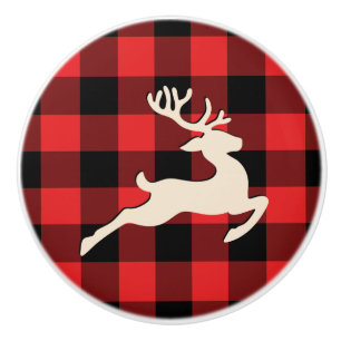 Bouton De Porte En Céramique Noël Deer Antlers En vichy rouge noir