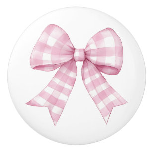 Bouton De Porte En Céramique Nœud à carreaux gingham rose 