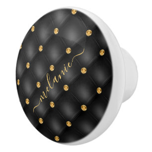 Bouton De Porte En Céramique Noeud en céramique noir et or avec nom personnalis
