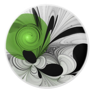 Bouton De Porte En Céramique Noir Abstrait et blanc avec art fractal vert