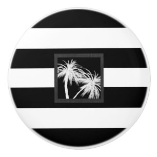 Bouton De Porte En Céramique Noir & Blanc Palmiers Tropicaux Moderne Chic